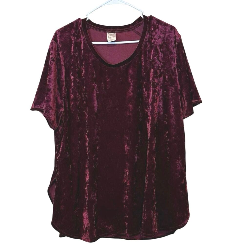 Faded Glory Burgundy Crushed Velvet Short Sleeve Top Size 2X Plus Holiday Grunge